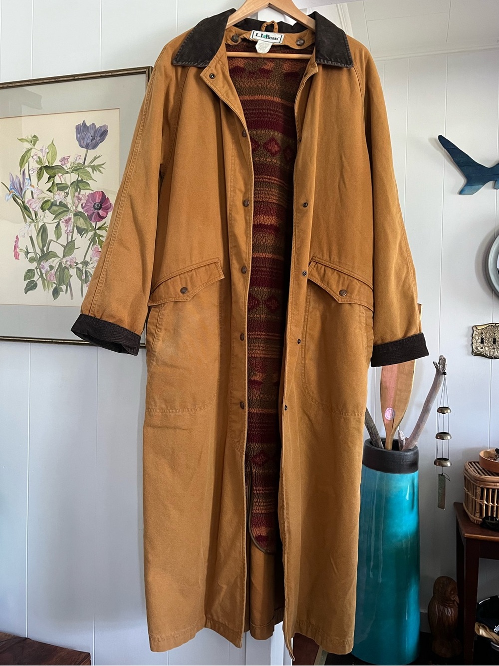 Vintage LL Bean Sherpa Lined Aztec Duster Coat Canvas Chore Rancher Tan Trench